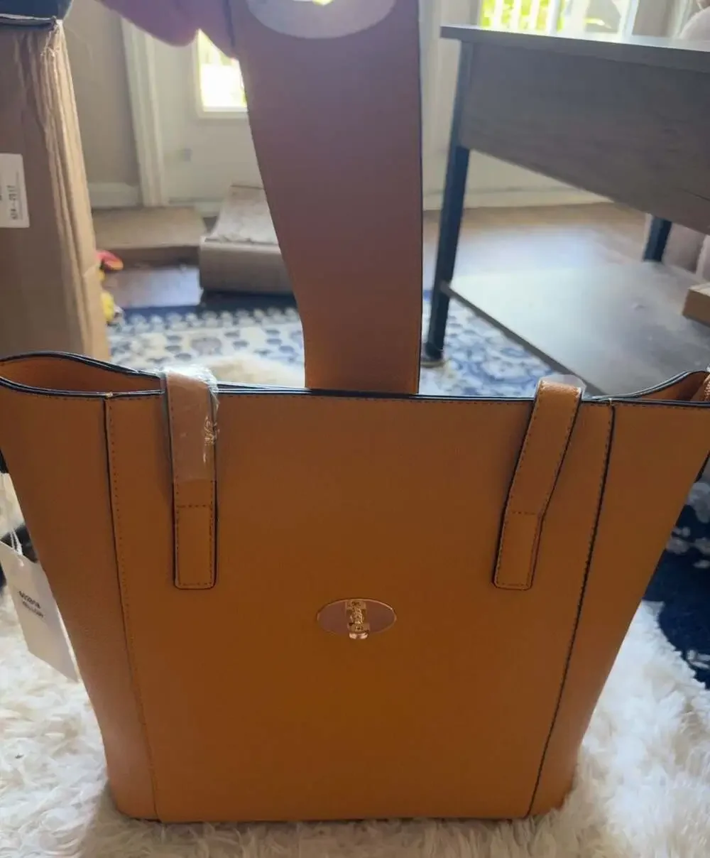 Yellow Faux Leather Tote Bag‎ with Turn-Lock Closure